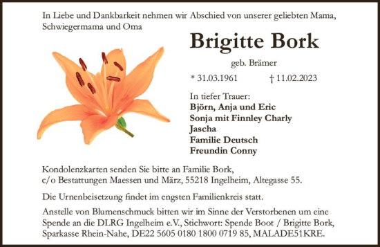 Traueranzeige von Brigitte Bork von Allgemeine Zeitung Bingen/Ingelheim