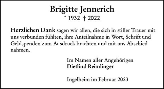 Traueranzeige von Brigitte Jennerich von Allgemeine Zeitung Ingelheim-Bingen