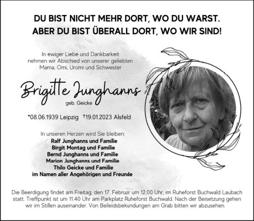  Traueranzeige für Brigitte Junghans vom 11.02.2023 aus OK Oberhessen Kurier