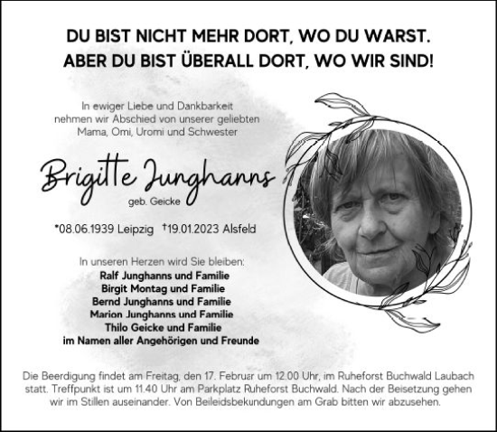 Traueranzeige von Brigitte Junghans von OK Oberhessen Kurier