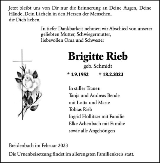 Traueranzeige von Brigitte Rieb von Hinterländer Anzeiger