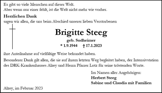 Traueranzeige von Brigitte Steeg von Allgemeine Zeitung Alzey