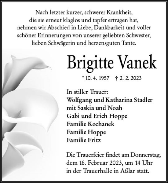 Traueranzeige von Brigitte Vanek von Wetzlarer Neue Zeitung