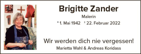 Traueranzeige von Brigitte Zander von Allgemeine Zeitung Mainz