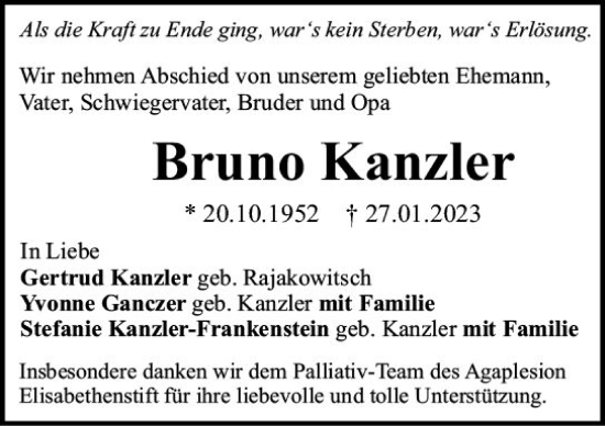 Traueranzeige von Bruno Kanzler von Darmstädter Echo