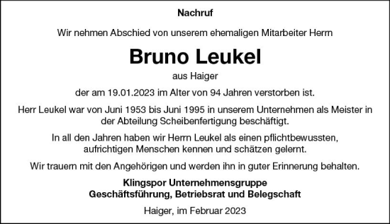 Traueranzeige von Bruno Leukel von Dill Block