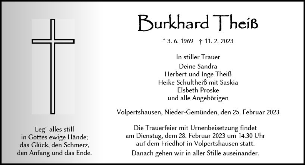  Traueranzeige für Burkhard Theiß vom 25.02.2023 aus Wetzlarer Neue Zeitung