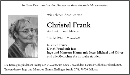 Traueranzeige von Christel Frank von Darmstädter Echo