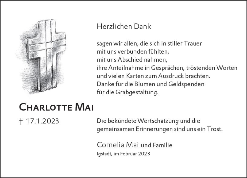  Traueranzeige für Charlotte Mai vom 18.02.2023 aus Wiesbadener Kurier