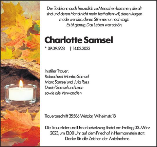 Traueranzeige von Charlotte Samsel von Wetzlarer Neue Zeitung