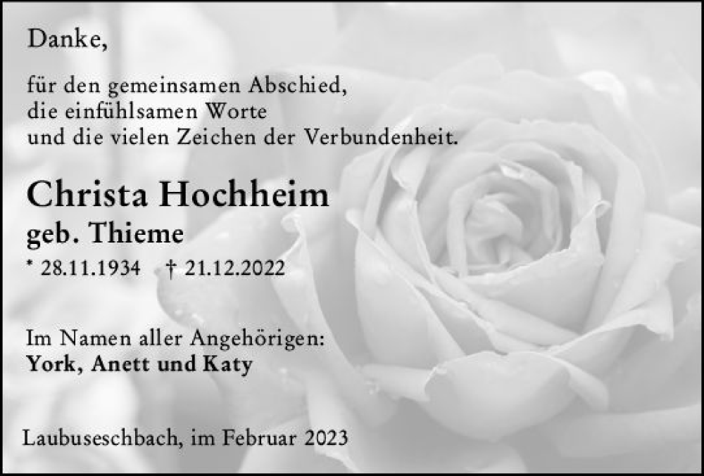 Traueranzeige für Christa Hochheim vom 28.02.2023 aus Weilburger Tageblatt