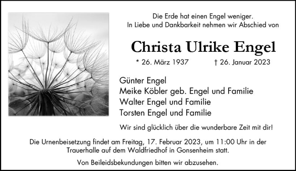  Traueranzeige für Christa Ulrike Engel vom 11.02.2023 aus Allgemeine Zeitung Mainz