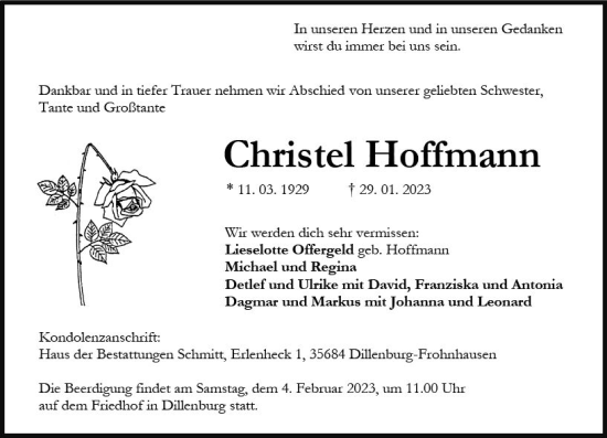 Traueranzeige von Christel Hoffmann von Dill Block