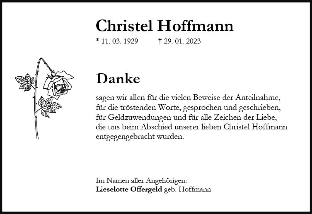  Traueranzeige für Christel Hoffmann vom 18.02.2023 aus Dill Block