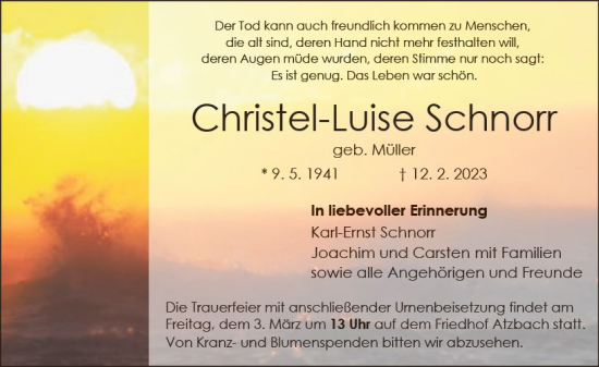 Traueranzeige von Christel-Luise Schnorr von Wetzlarer Neue Zeitung