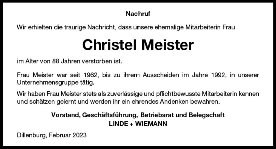 Traueranzeige von Christel Meister von Dill Block