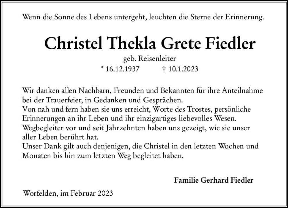 Traueranzeige für Christel Thekla Grete Fiedler vom 04.02.2023 aus Groß-Gerauer Echo