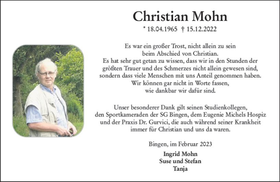 Traueranzeige von Christian Mohn von Allgemeine Zeitung Bingen/Ingelheim