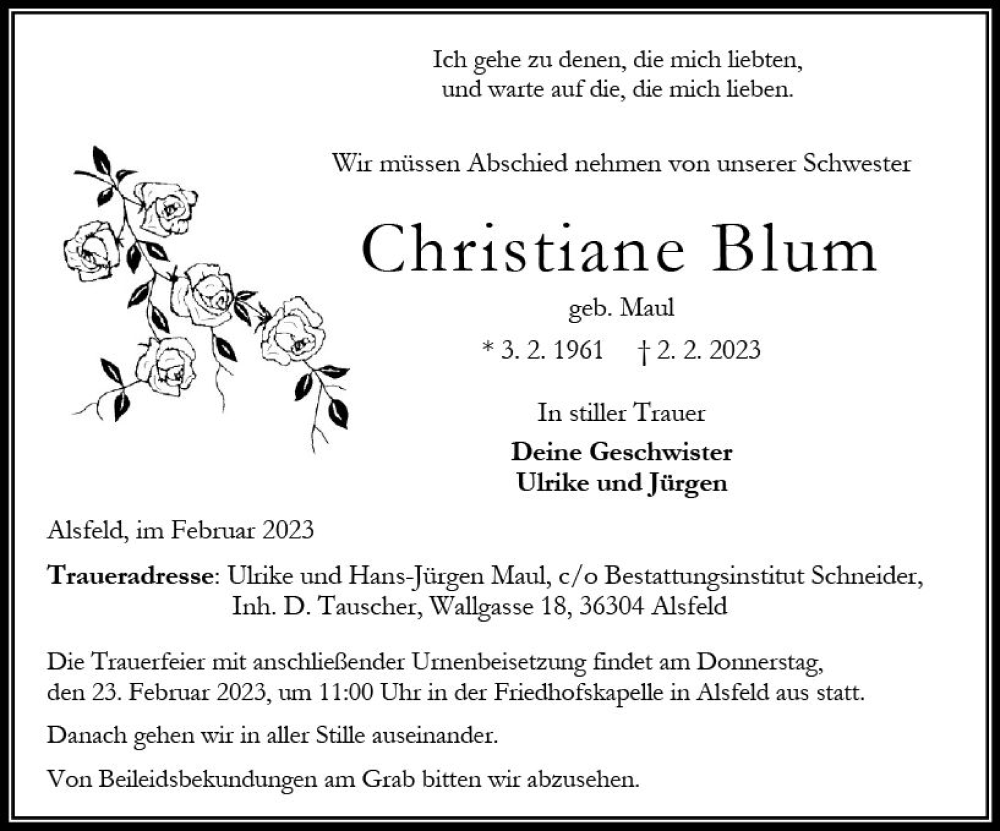  Traueranzeige für Christiane Blum vom 18.02.2023 aus OK Oberhessen Kurier