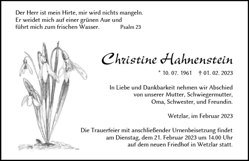  Traueranzeige für Christine Hahnenstein vom 18.02.2023 aus Wetzlarer Neue Zeitung