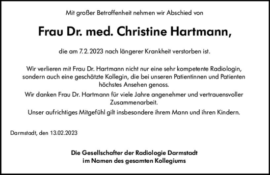 Traueranzeige von Christine Hartmann von Darmstädter Echo