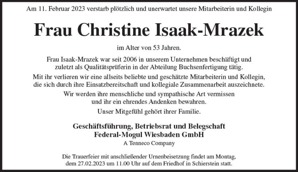  Traueranzeige für Christine Isaak-Mrazek vom 18.02.2023 aus Wiesbadener Kurier