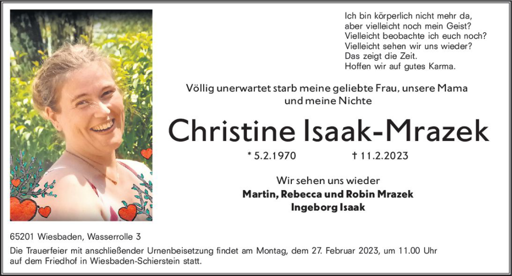  Traueranzeige für Christine Isaak-Mrazek vom 25.02.2023 aus Wiesbadener Kurier