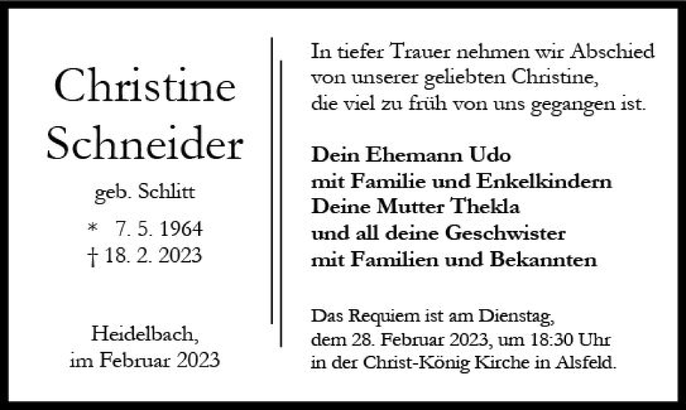  Traueranzeige für Christine Schneider vom 25.02.2023 aus VRM Trauer