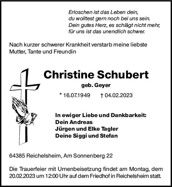 Traueranzeige von Christine Schubert von Odenwälder Echo