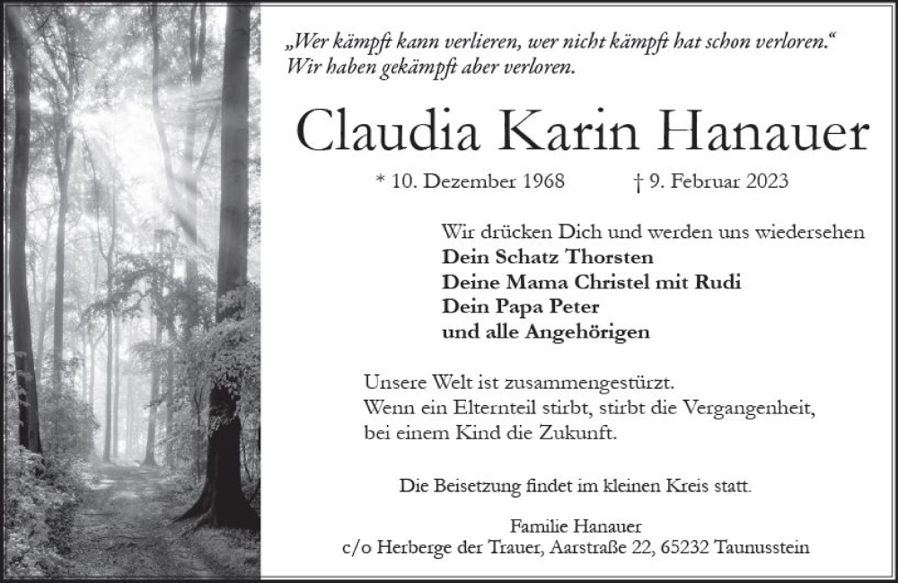  Traueranzeige für Claudia Karin Hanauer vom 18.02.2023 aus Wiesbadener Kurier