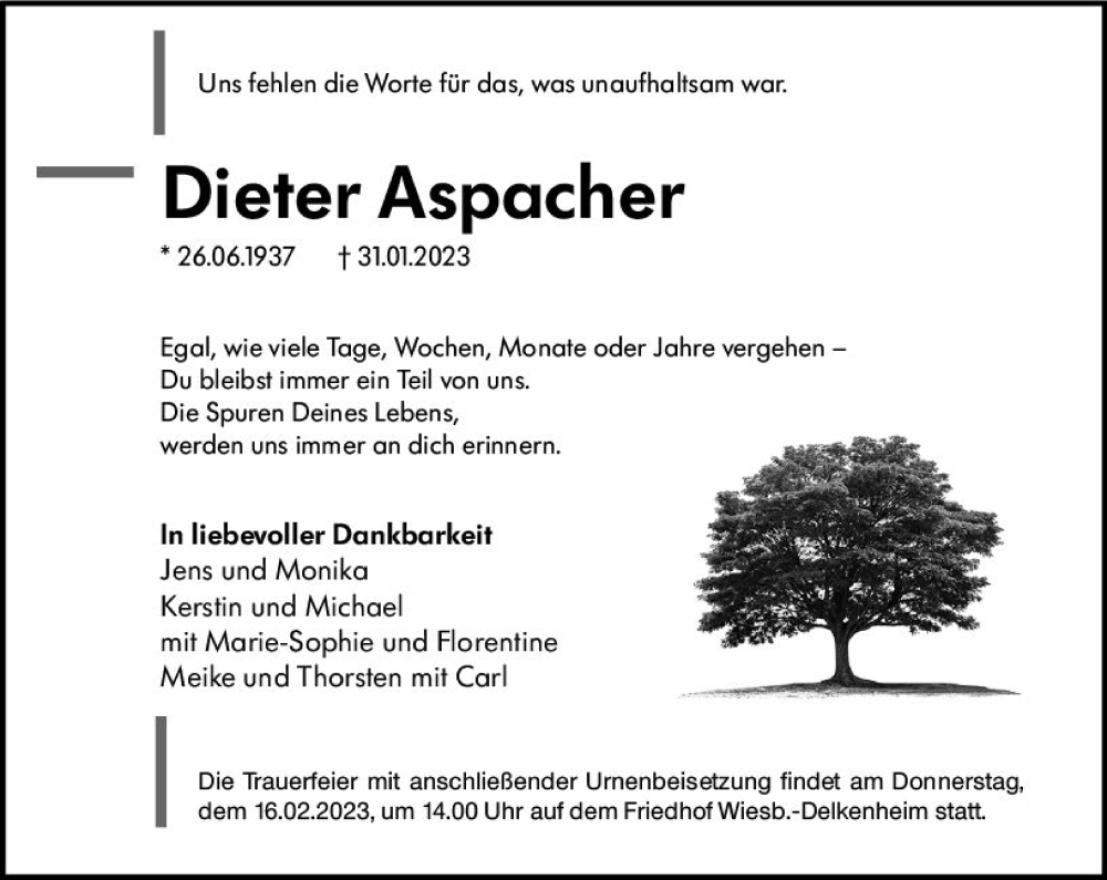  Traueranzeige für Dieter Aspacher vom 11.02.2023 aus Wiesbadener Kurier gesamt