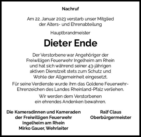 Traueranzeige von Dieter Ende von Allgemeine Zeitung Ingelheim-Bingen
