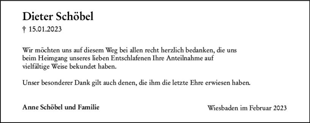  Traueranzeige für Dieter Schöbel vom 25.02.2023 aus Wiesbadener Kurier
