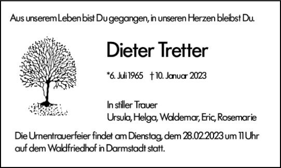 Traueranzeige von Dieter Tretter von Darmstädter Echo