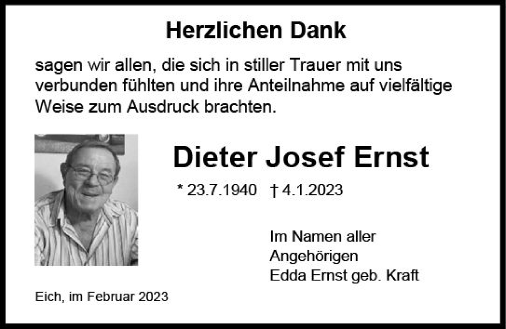  Traueranzeige für Dieter Josef Ernst vom 11.02.2023 aus Wormser Zeitung