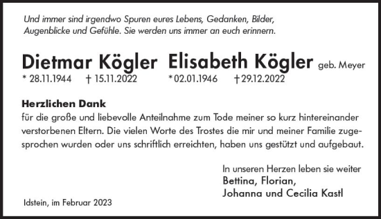 Traueranzeige von Dietmar Kögler von Idsteiner Land / Untertaunus Kurier