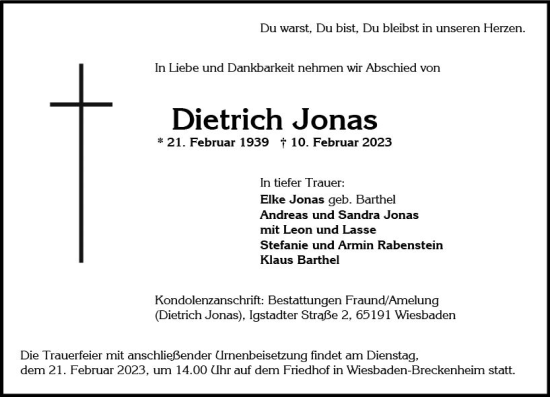 Traueranzeige von Dietrich Jonas von Wiesbadener Kurier