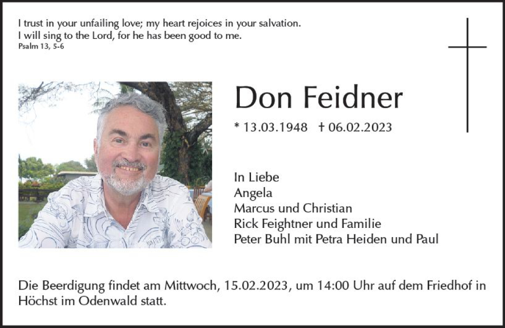  Traueranzeige für Don Feidner vom 11.02.2023 aus Odenwälder Echo