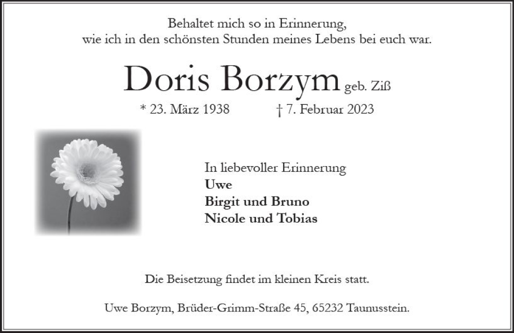  Traueranzeige für Doris Borzym vom 18.02.2023 aus Idsteiner Land/Untertaunus