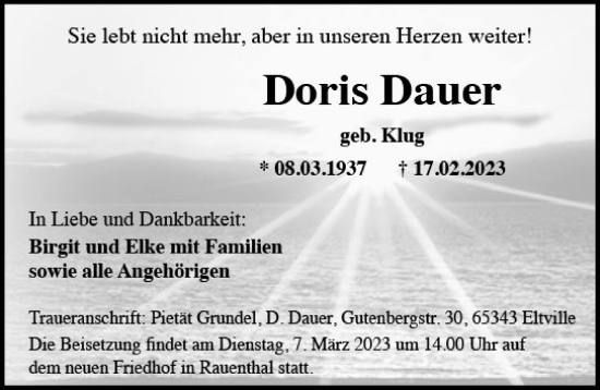 Traueranzeige von Doris Dauer von Rheingau Kurier