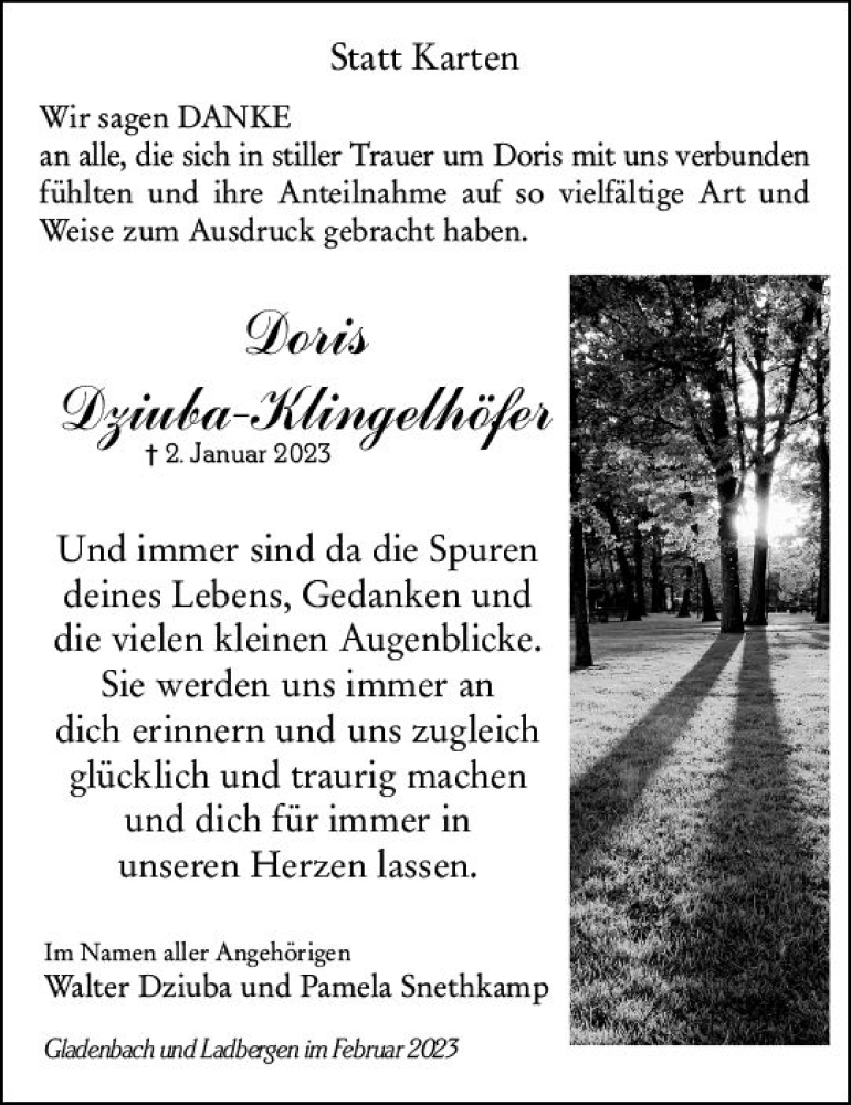  Traueranzeige für Doris Dziuba-Klingelhöfer vom 25.02.2023 aus Hinterländer Anzeiger