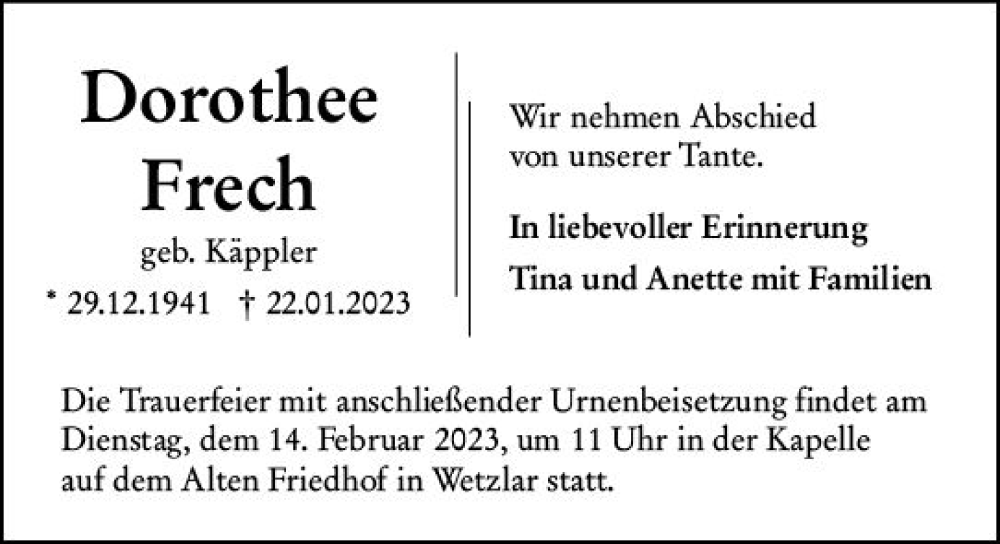  Traueranzeige für Dorothee Frech vom 11.02.2023 aus Wetzlarer Neue Zeitung