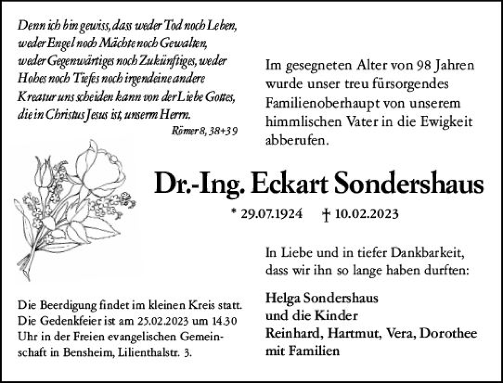  Traueranzeige für Eckart Sondershaus vom 18.02.2023 aus Darmstädter Echo