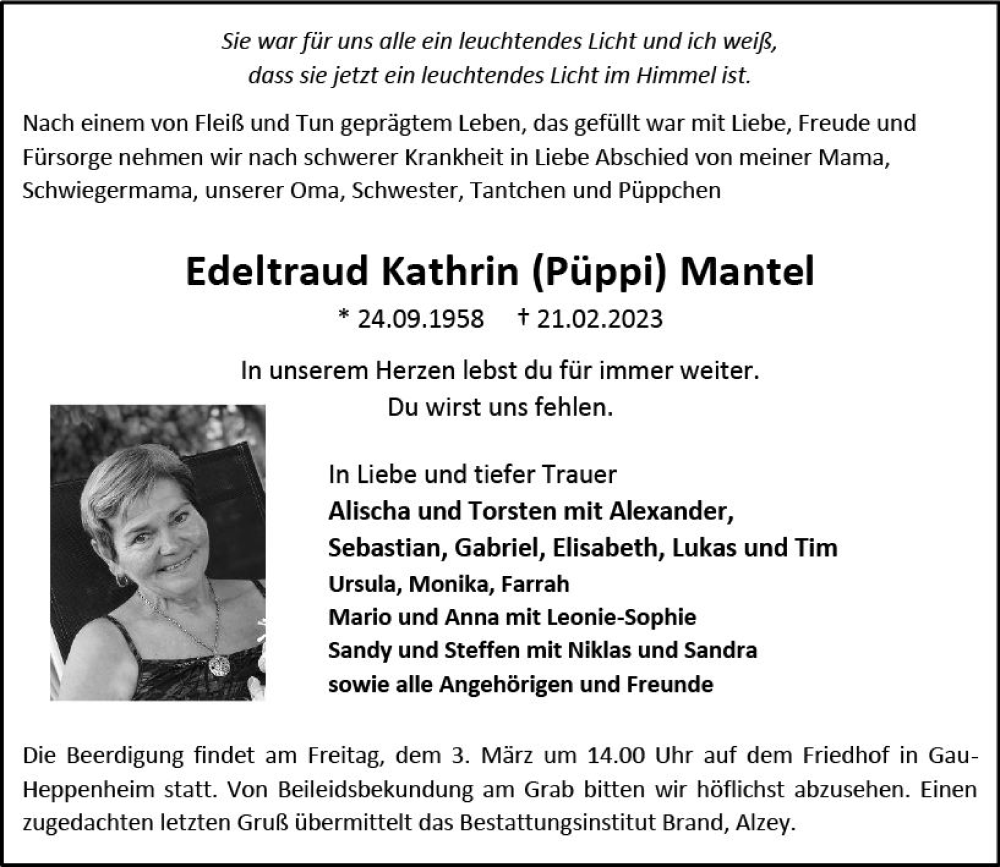  Traueranzeige für Edeltraud Kathrin Mantel vom 25.02.2023 aus Allgemeine Zeitung Alzey
