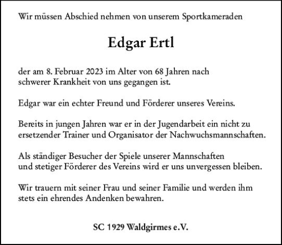 Traueranzeige von Edgar Ertl von Wetzlarer Neue Zeitung