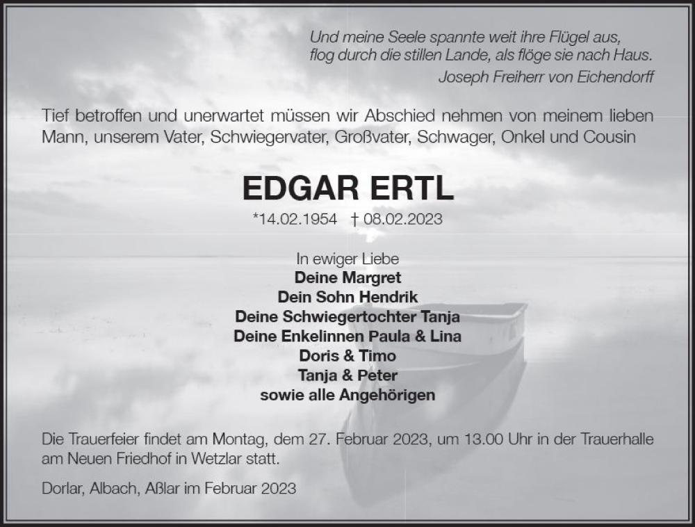  Traueranzeige für Edgar Ertl vom 22.02.2023 aus Wetzlarer Neue Zeitung