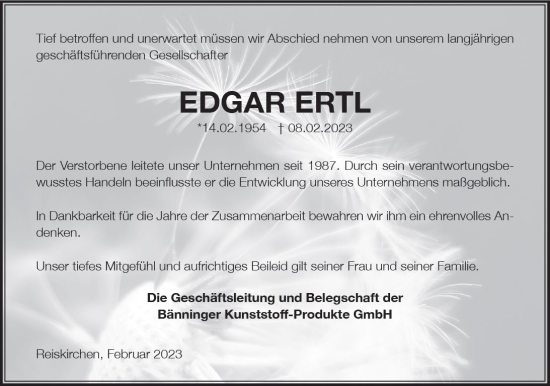 Traueranzeige von Edgar Ertl von Wetzlarer Neue Zeitung