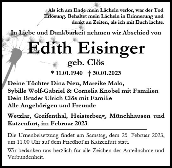 Traueranzeige von Edith Eisinger von Dill Block