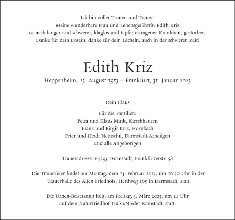  Traueranzeige für Edith Kriz vom 04.02.2023 aus Bergsträßer Anzeiger