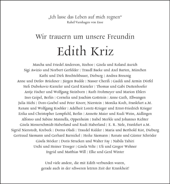 Traueranzeige von Edith Kriz von Bergsträßer Anzeiger